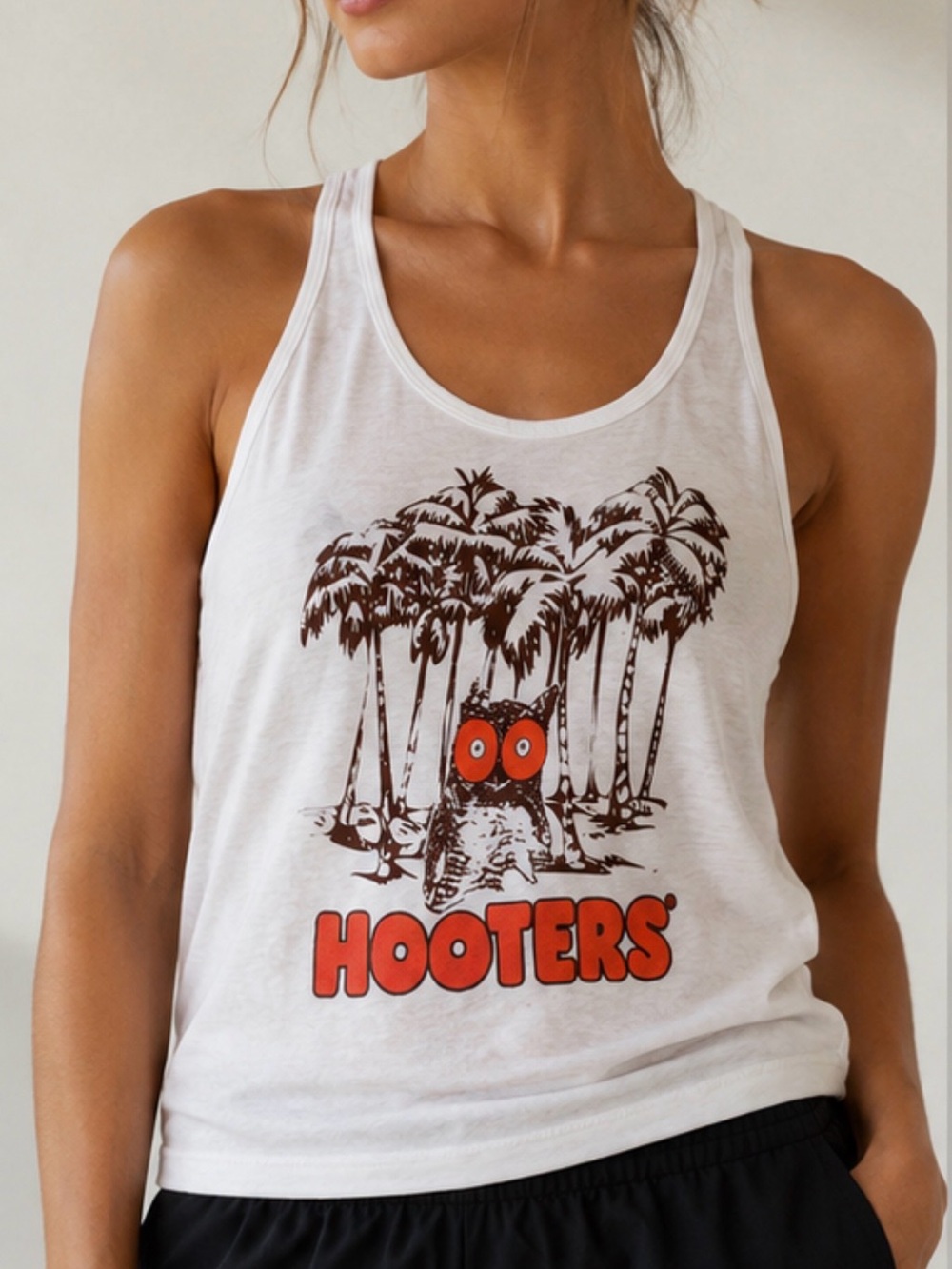 Hooters White Graphic Racerback Tank - Orange & Brown Print ( official Hooters )
